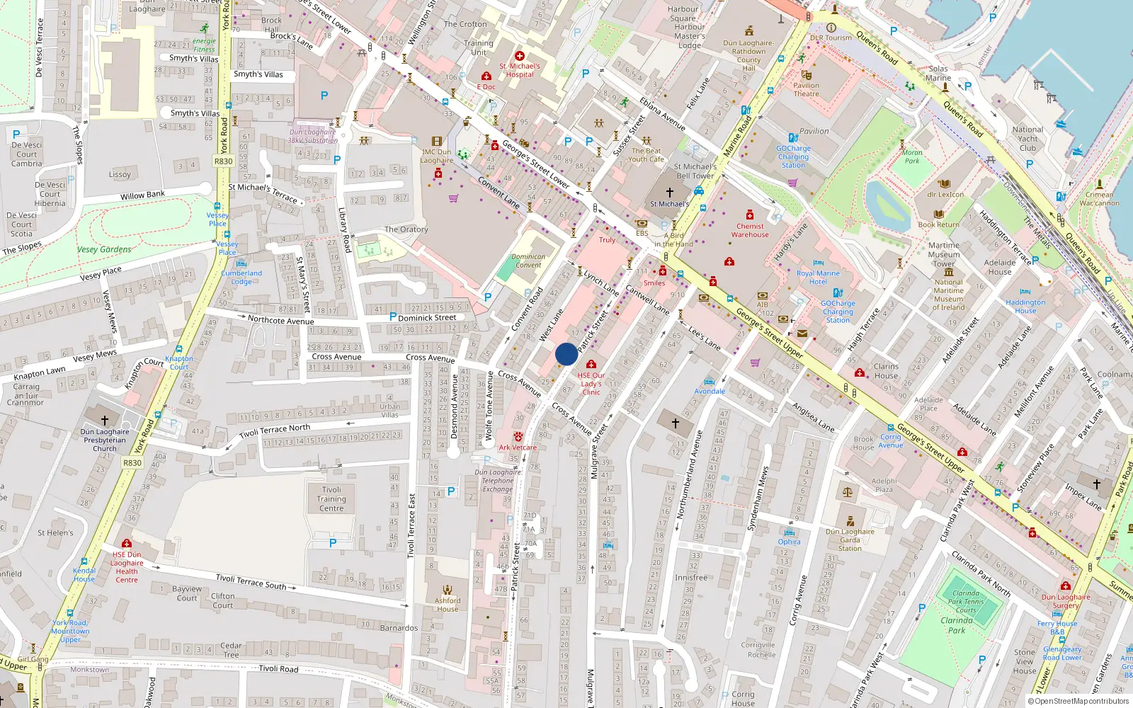 Overhead map showing the location of 19 Patrick Street, Dun Laoghaire, Co Dublin