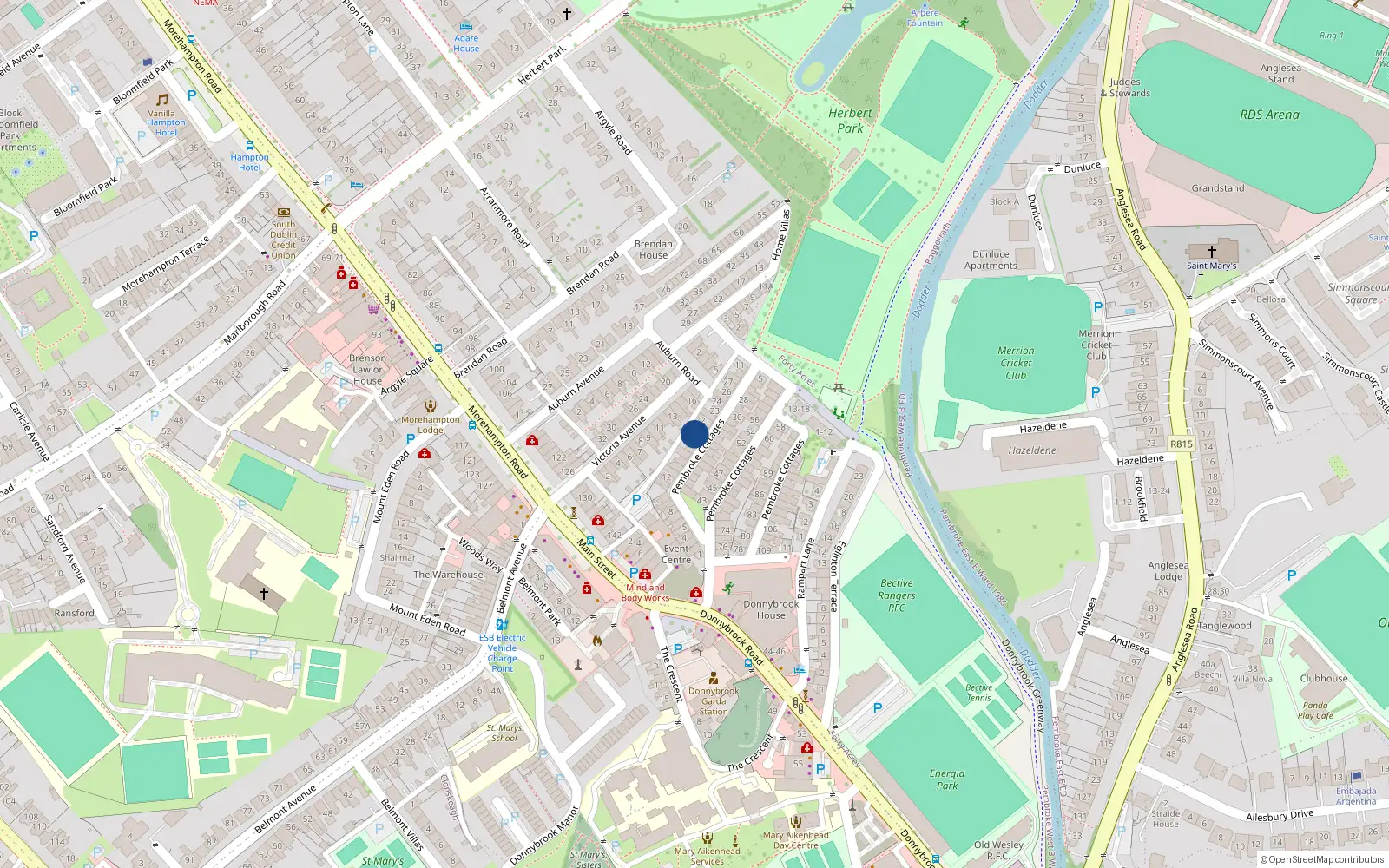 Overhead map showing the location of 19 Pembroke Cottages, Dublin 4
