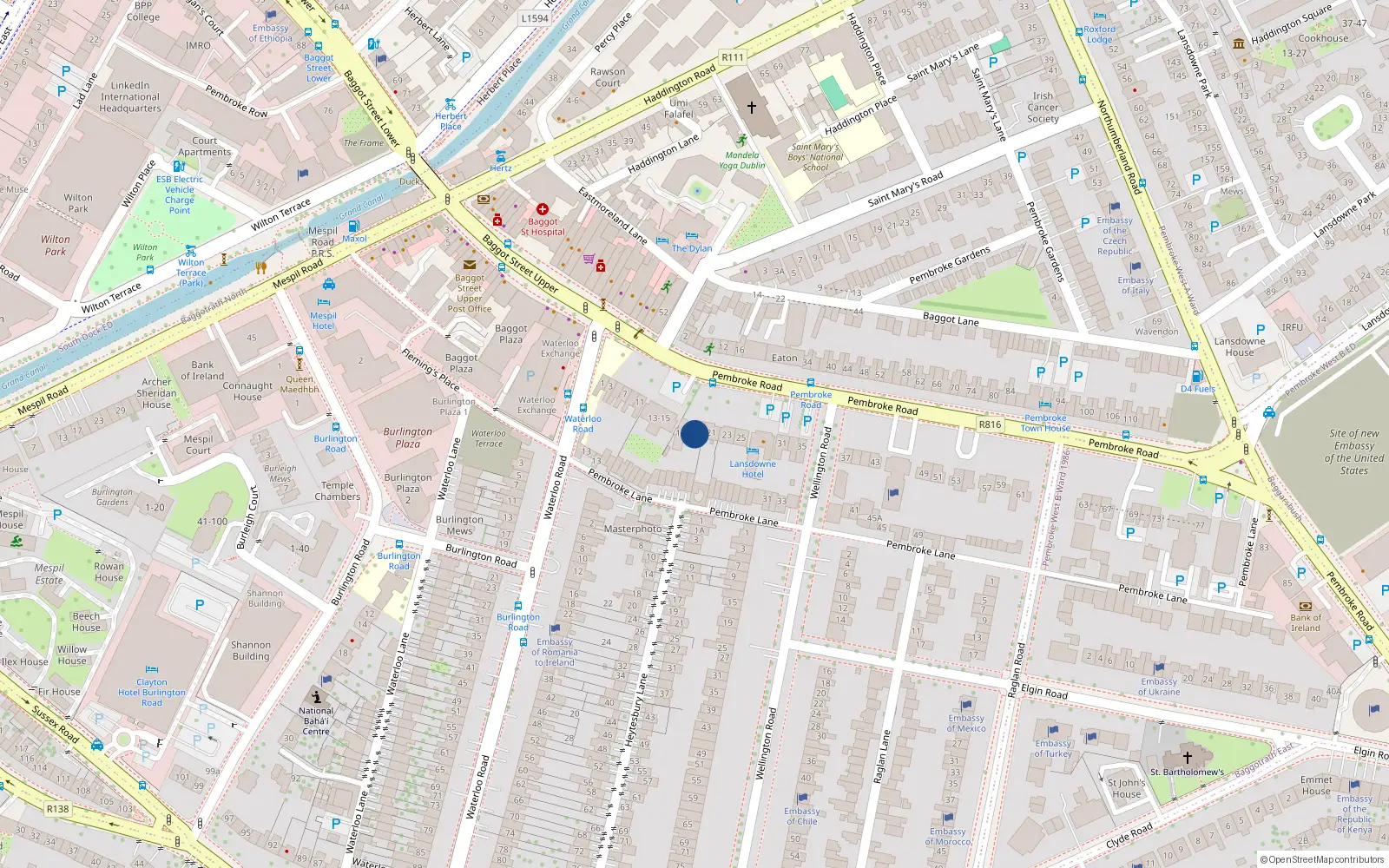 Overhead map showing the location of 19 Pembroke Road, Dublin 4
