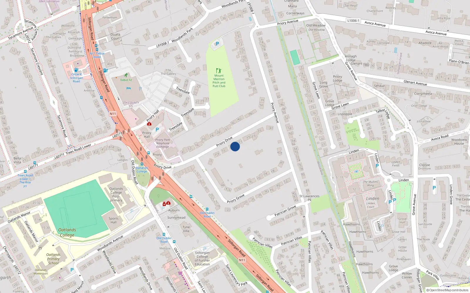 Overhead map showing the location of 19 Priory Drive, Dublin