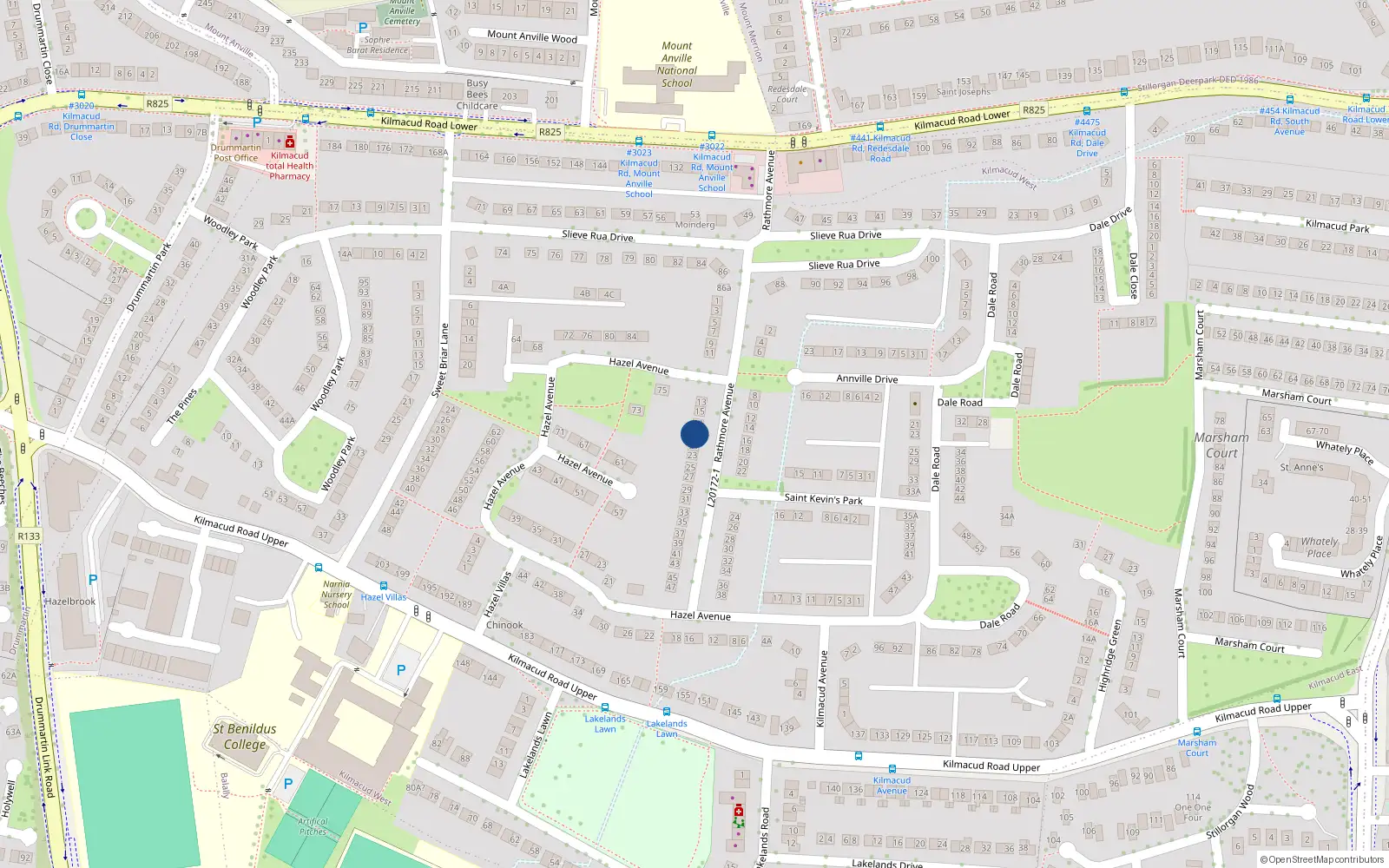 Overhead map showing the location of 19 Rathmore Avenue, Lower Kilmacud Road, Stillorgan