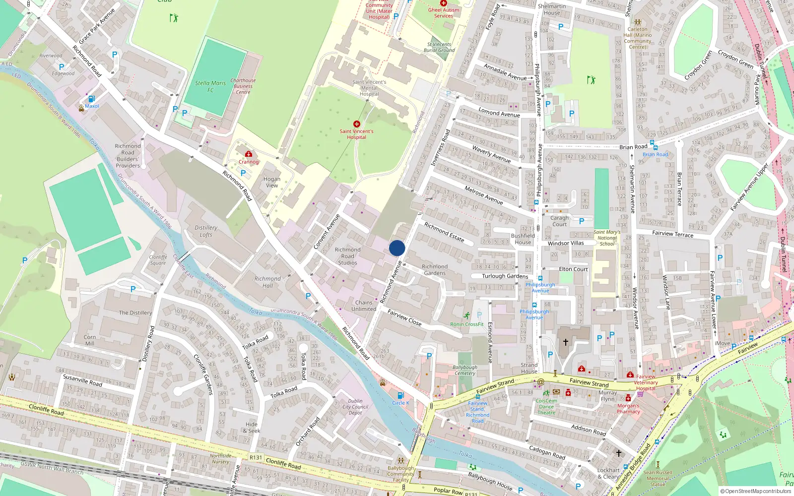 Overhead map showing the location of 19 Richmond Avenue, Fairview, Dublin 3