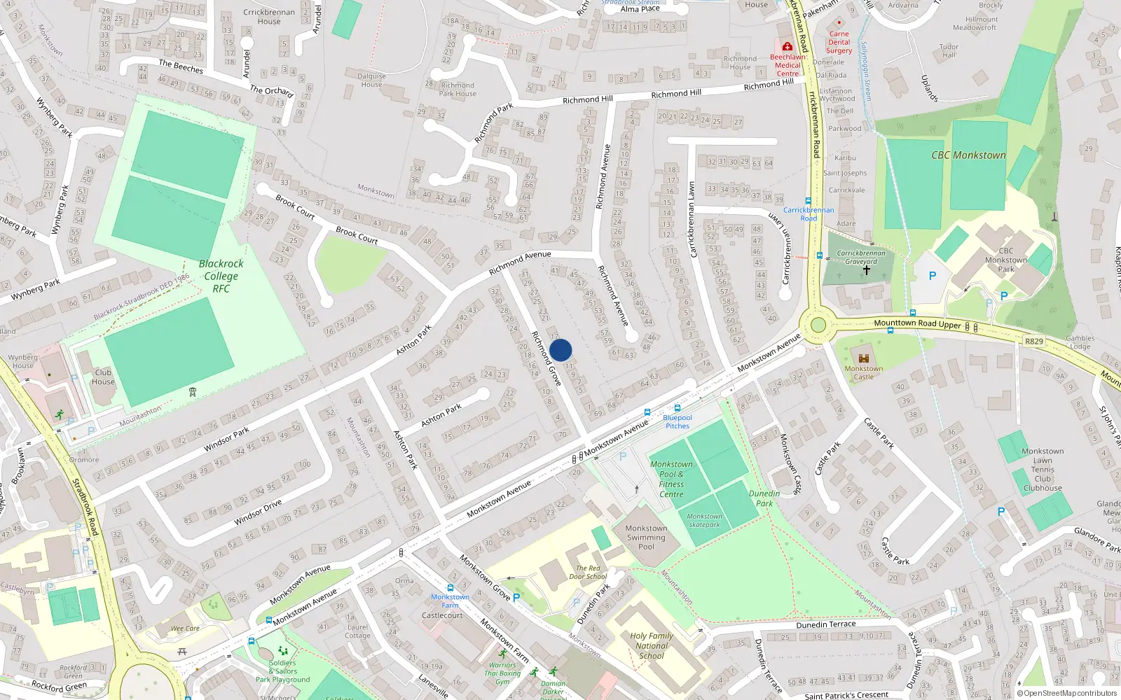 Overhead map showing the location of 19 Richmond Grove, Monkstown, Dublin