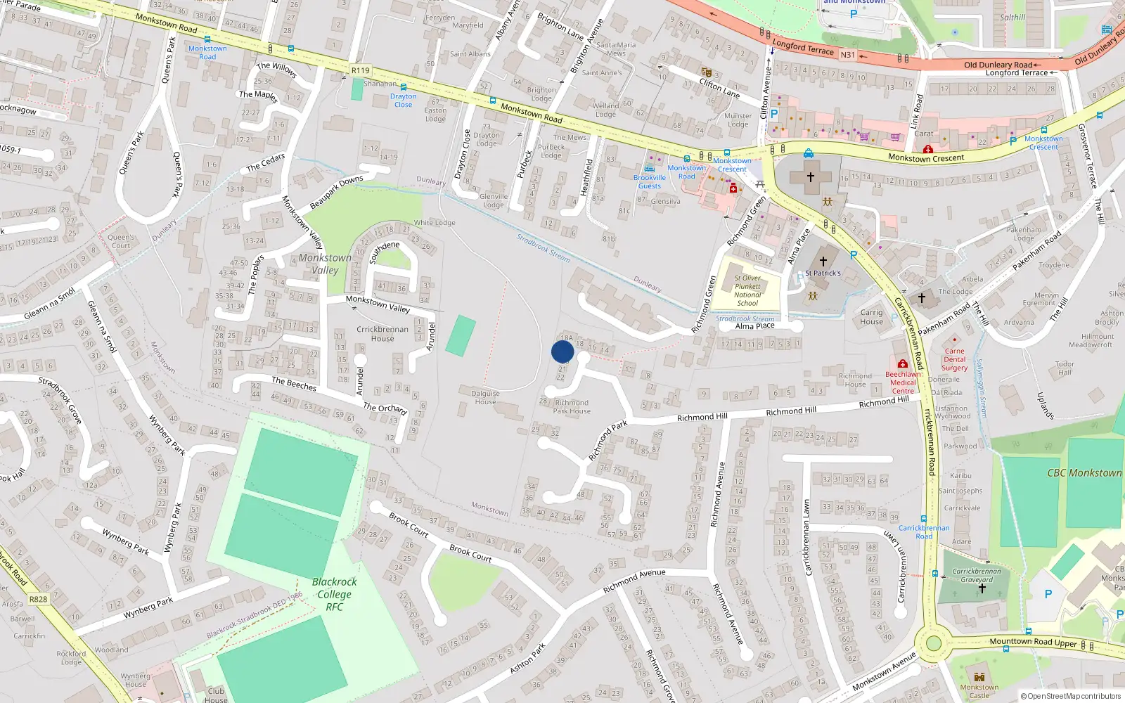 Overhead map showing the location of 19 Richmond Park, Monkstown, Dublin