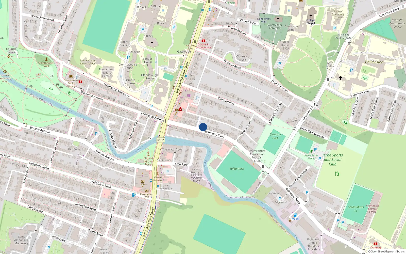 Overhead map showing the location of 19 Richmond Road, Drumcondra, Dublin 3