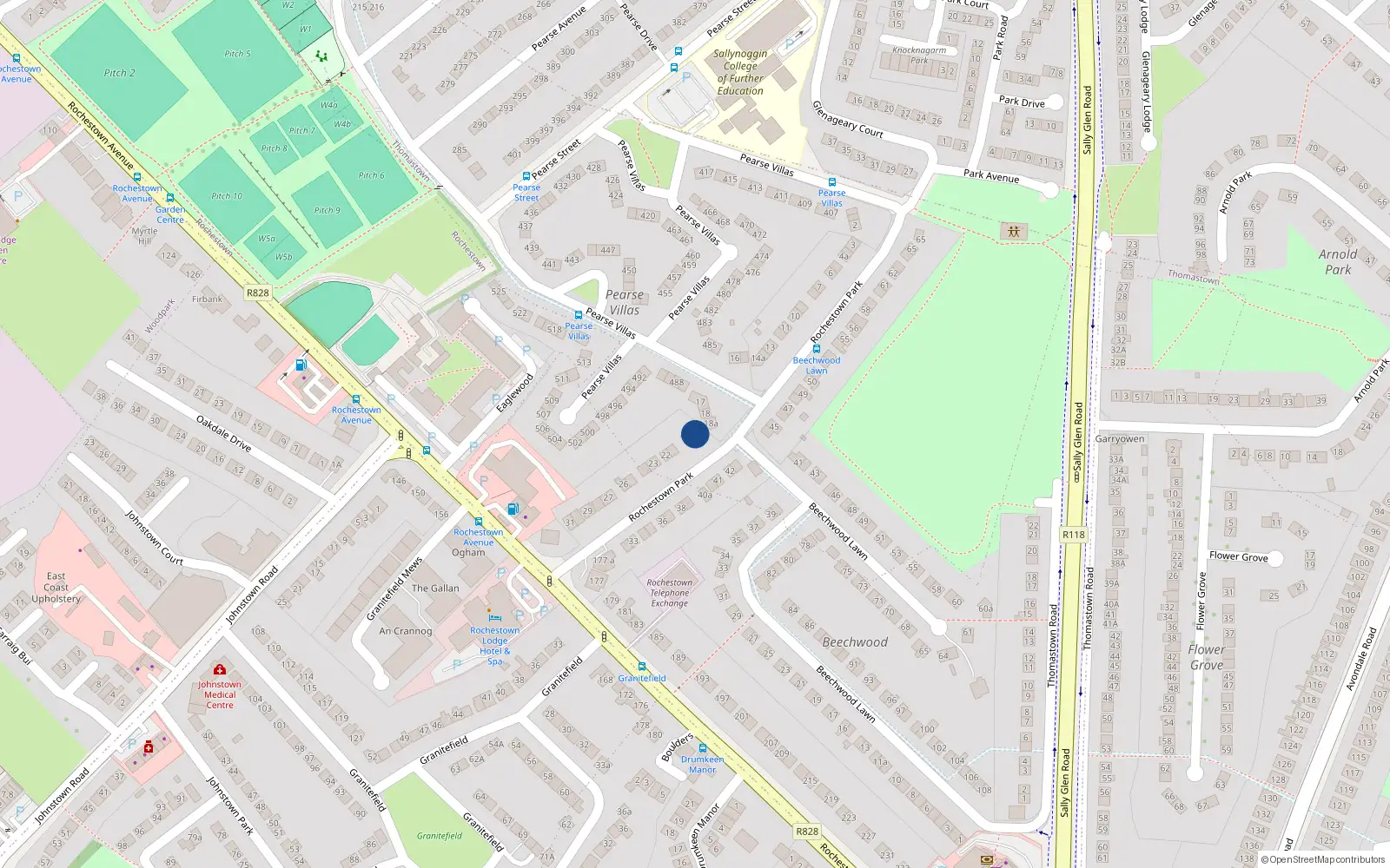 Overhead map showing the location of 19 Rochestown Park, Dun Laoghaire, Dublin