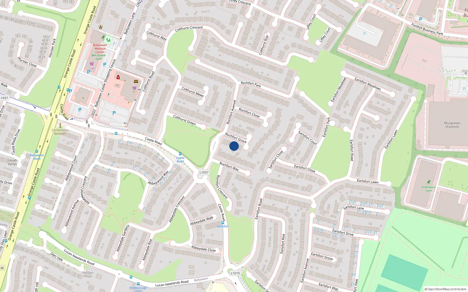 Overhead map showing the location of 19 Rochfort Grove, Lucan, Dublin