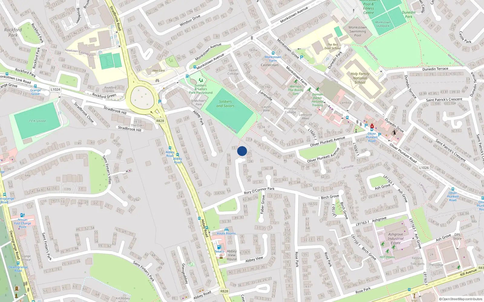 Overhead map showing the location of 19 Rory Oconnor Park, Dun Laoghaire, Dublin