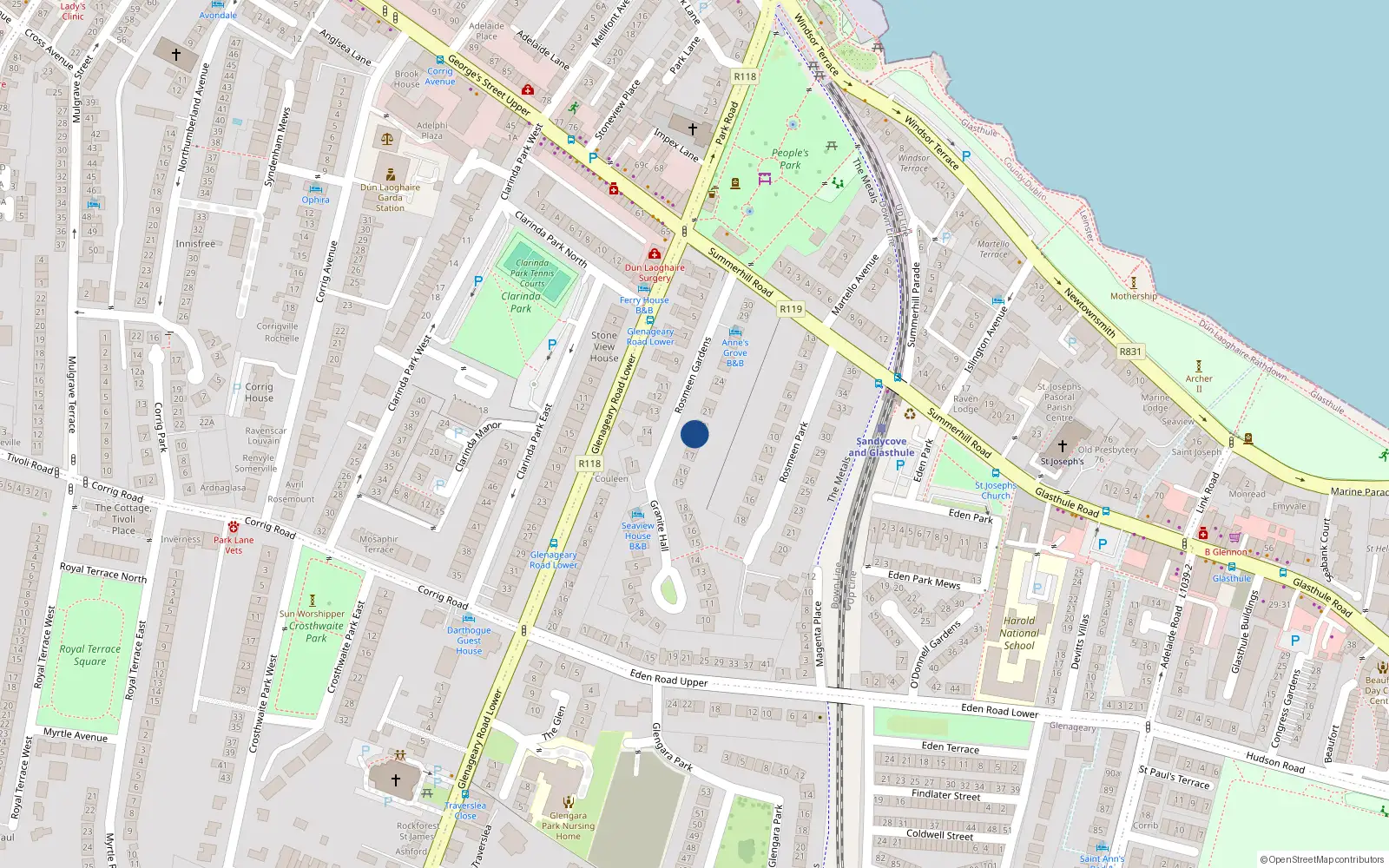 Overhead map showing the location of 19 Rosmeen Gardens, Dun Laoghaire, Dublin
