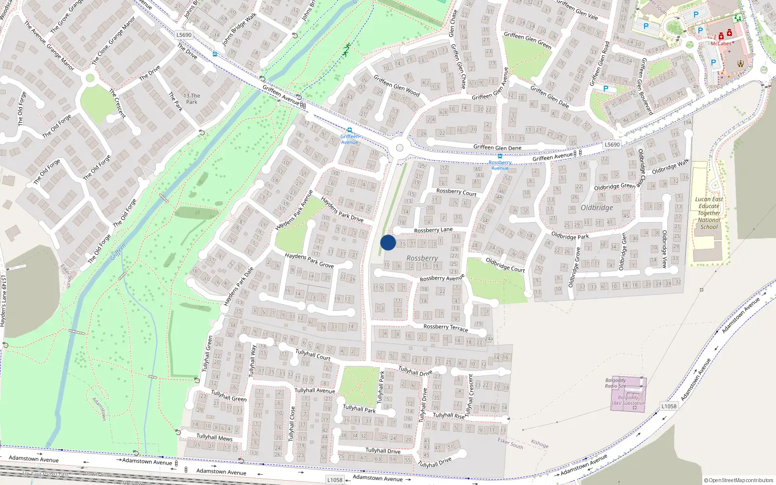 Overhead map showing the location of 19 Rossberry Lane, Lucan