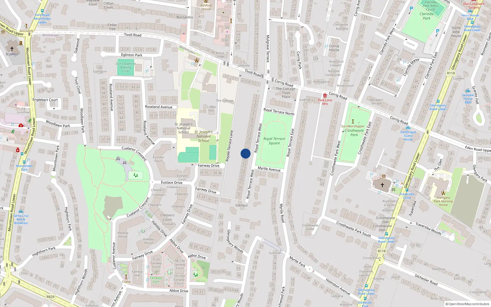Overhead map showing the location of 19 Royal Terrace West, Dublin