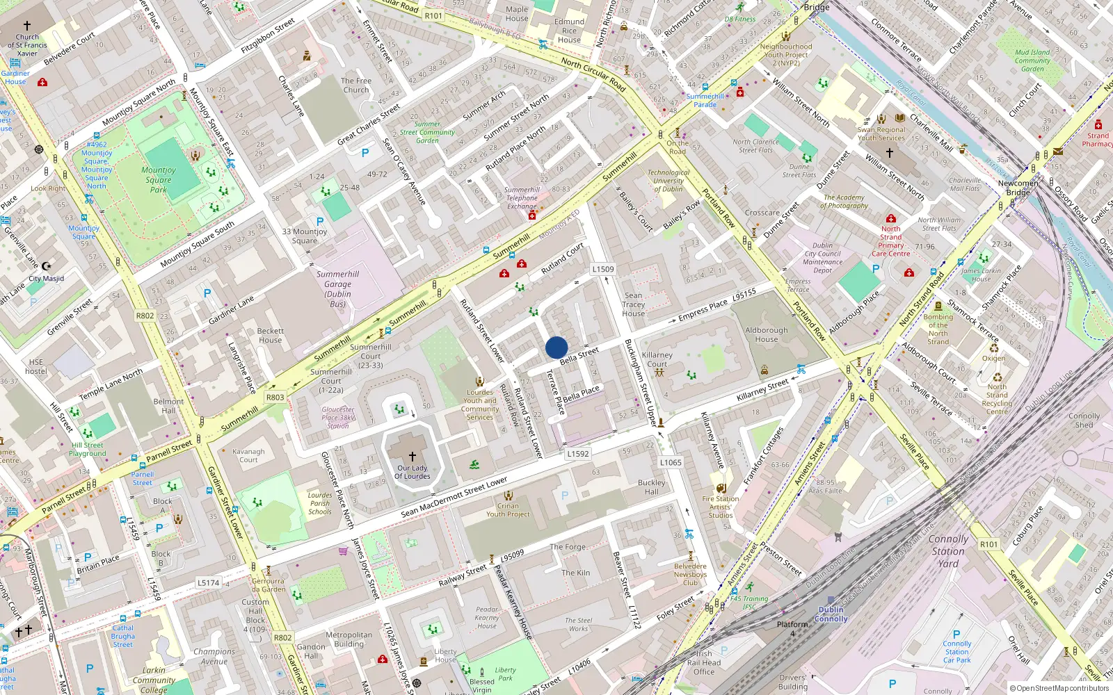 Overhead map showing the location of 19 Rutland Cottages, Dublin 1