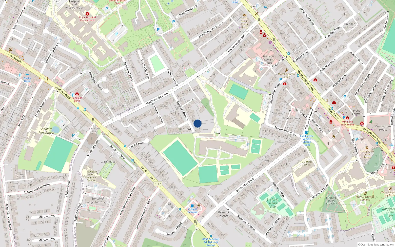 Overhead map showing the location of 19 Sandford Avenue, Donnybrook