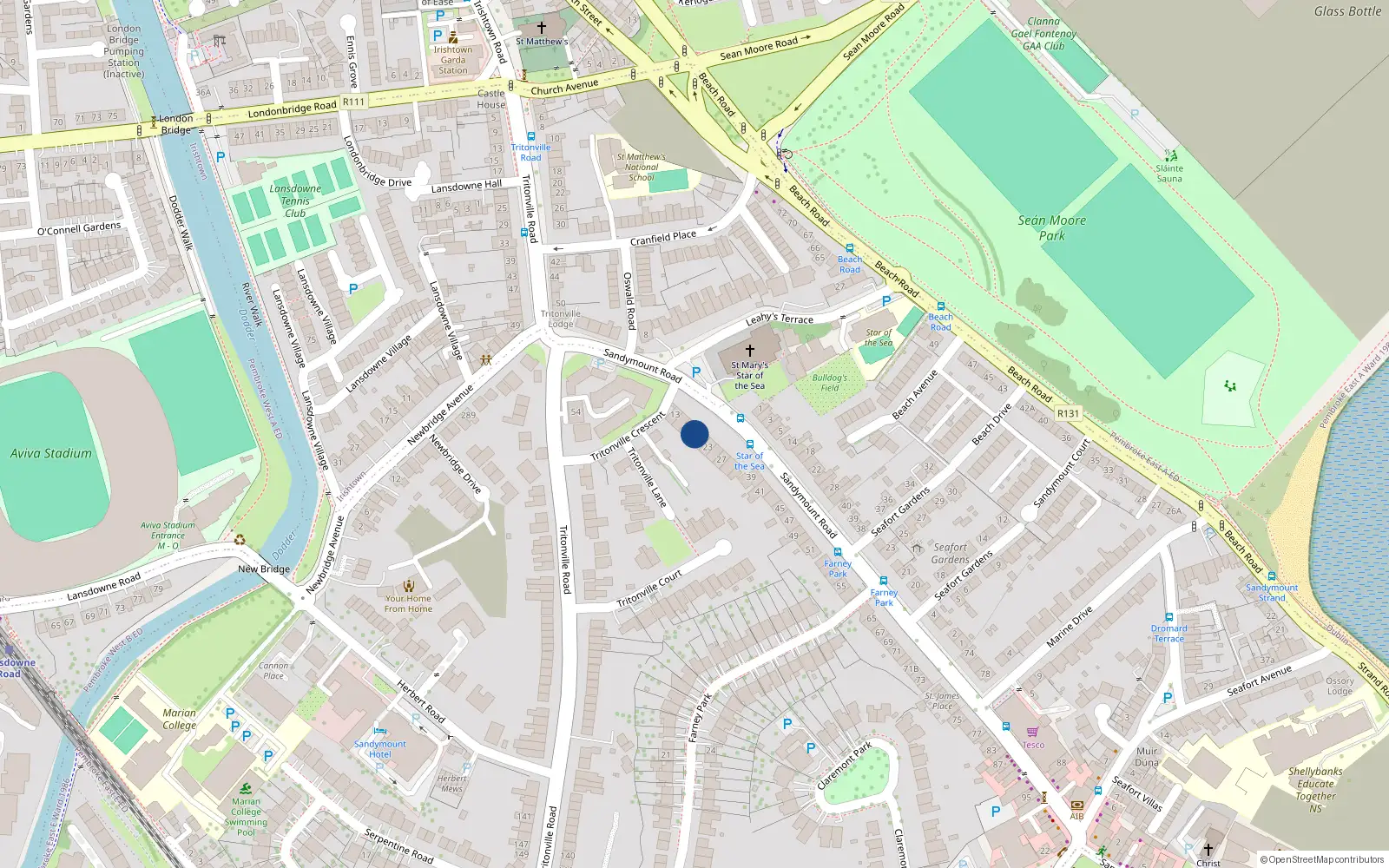 Overhead map showing the location of 19 Sandymount Road, Sandymount