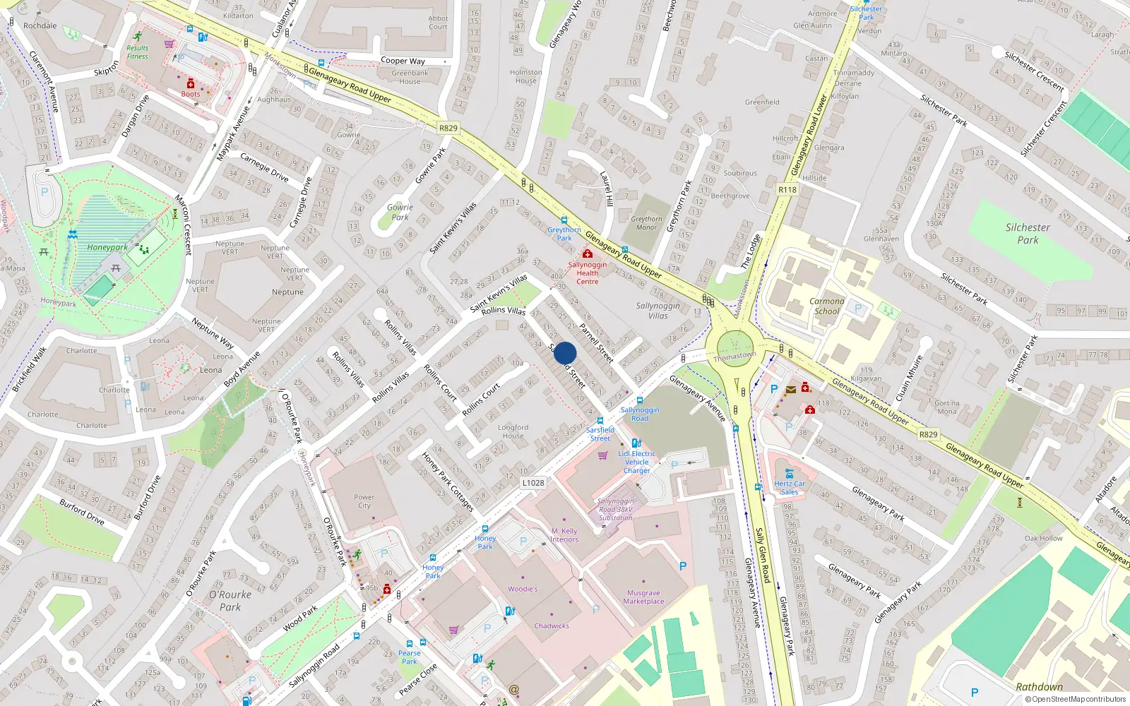 Overhead map showing the location of 19 Sarsfield St, Dun Laoghaire, Dublin