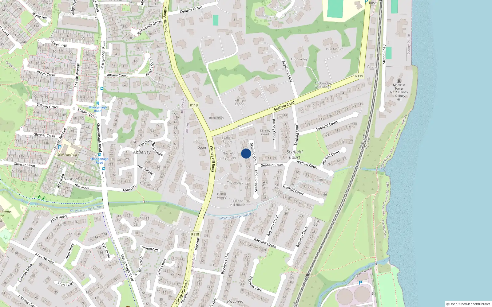 Overhead map showing the location of 19 Seafield Court, Killiney