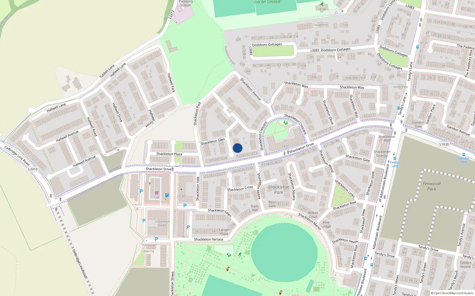 Overhead map showing the location of 19 Shackleton Glen, Lucan