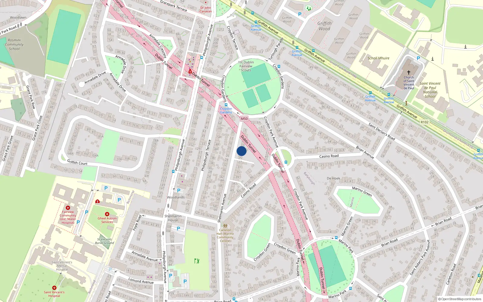 Overhead map showing the location of 19 Shelmartin Avenue, Dublin 3