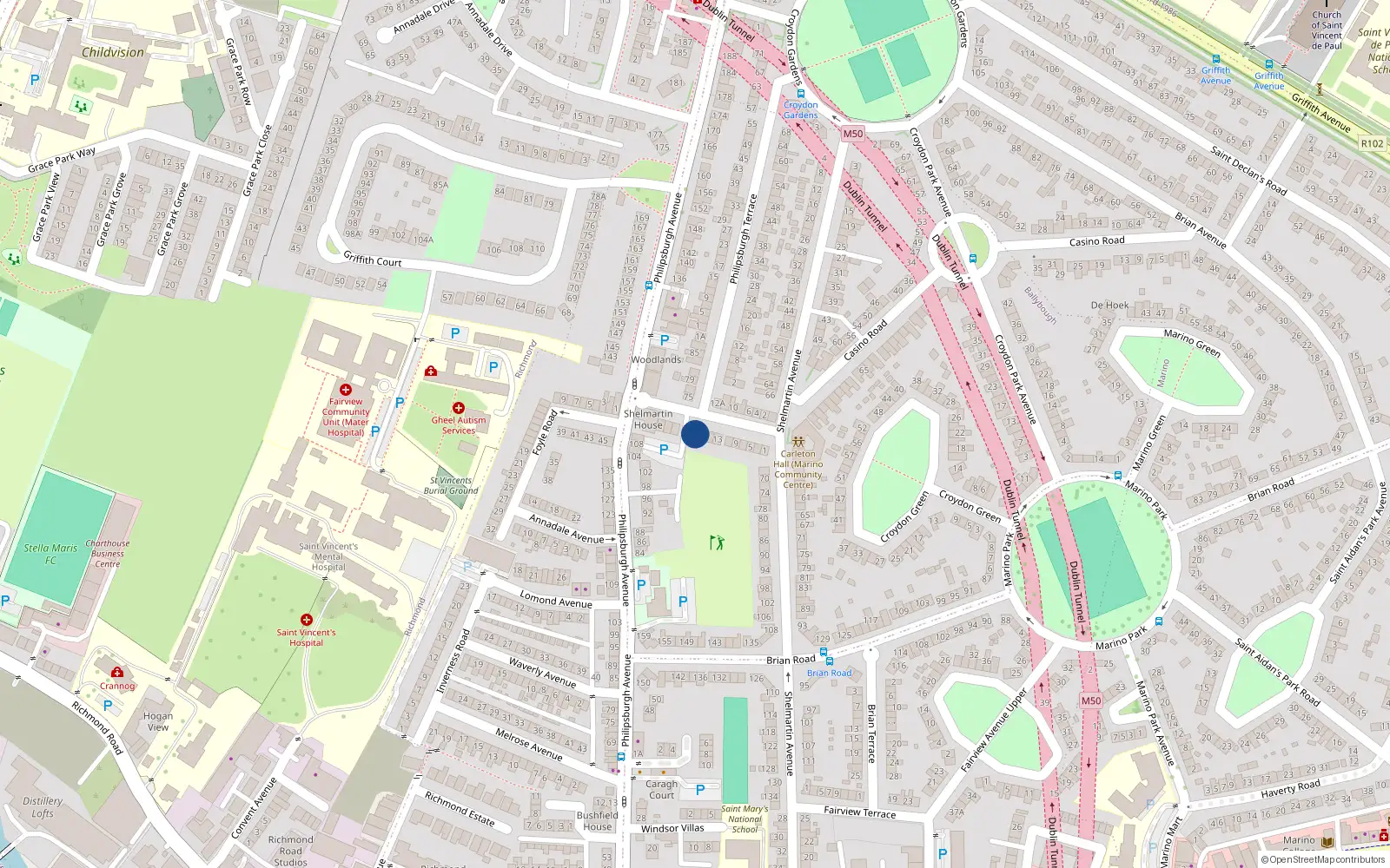 Overhead map showing the location of 19 Shelmartin Terrace, Marino, Dublin 3