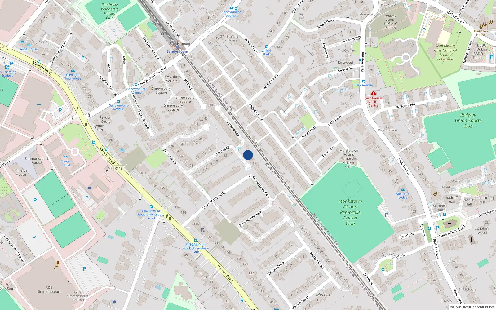Overhead map showing the location of 19 Shrewsbury, Ballsbridge