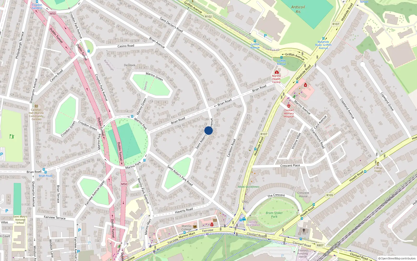 Overhead map showing the location of 19 St Aidans Park Avenue, Marino