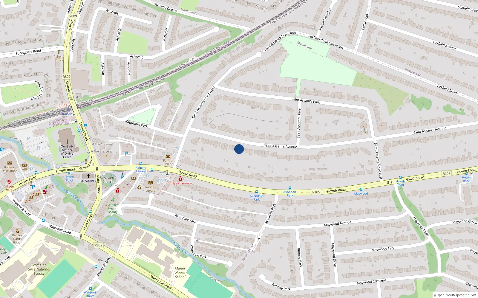 Overhead map showing the location of 19 St Assanms Avenue, Raheny, Dublin 5