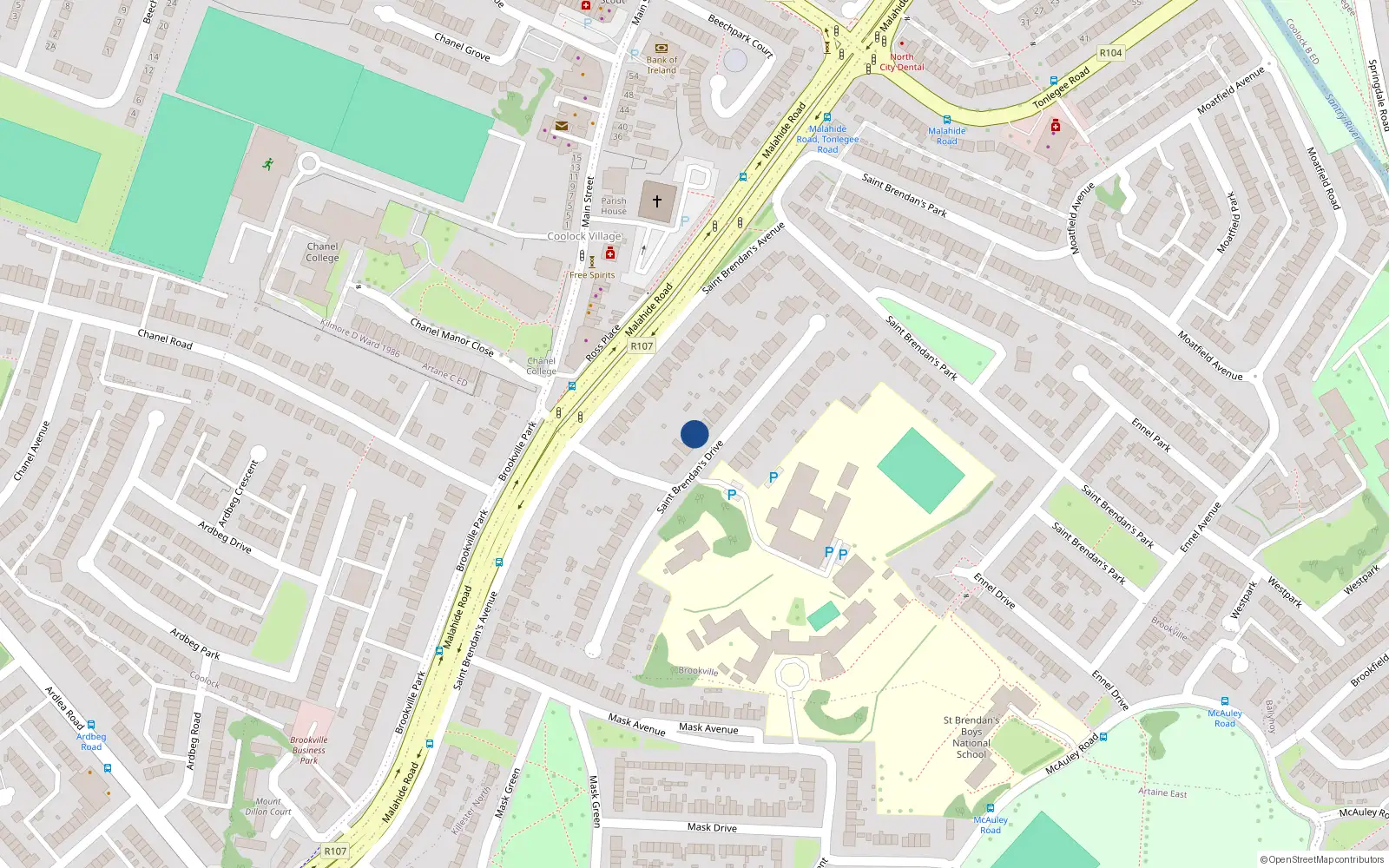 Overhead map showing the location of 19 Saint Brendan's Drive, Dublin 5
