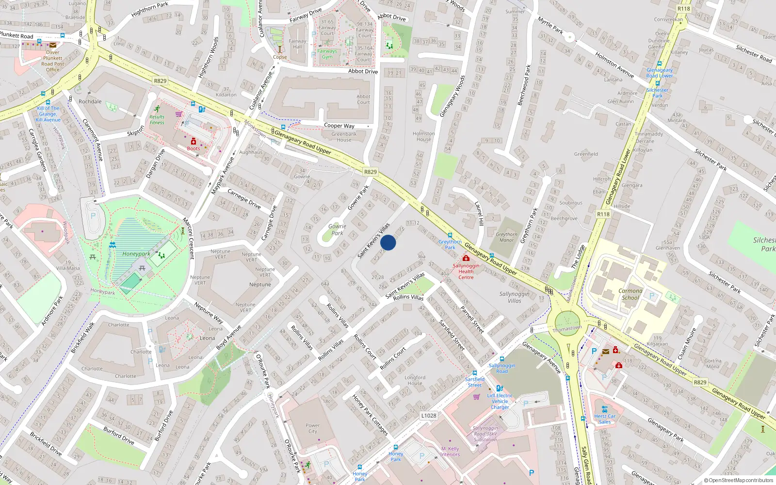 Overhead map showing the location of 19 Saint Kevin's Villas, Sallynoggin