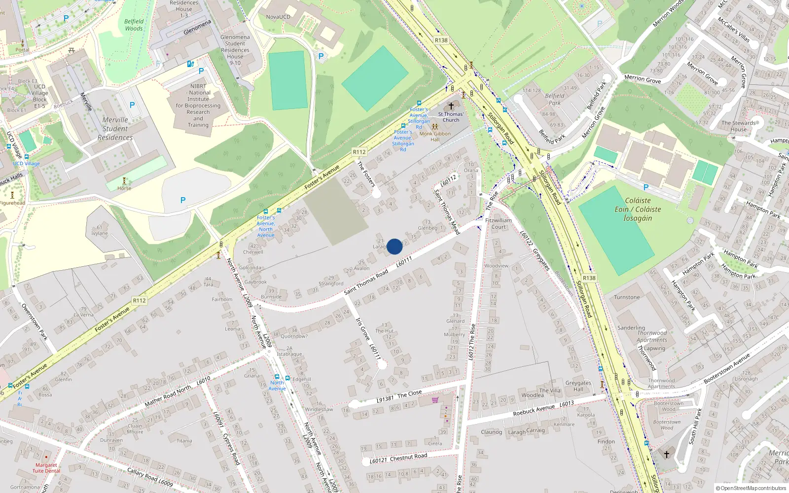 Overhead map showing the location of 19 St Thomas Road, Mount Merrion, Dublin