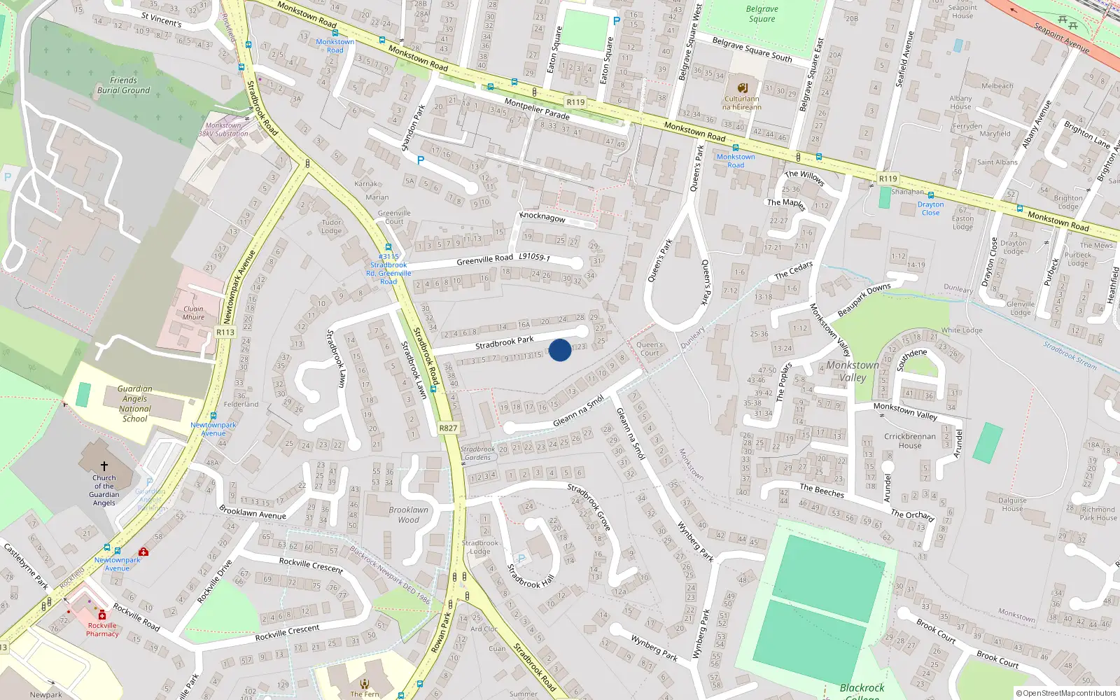 Overhead map showing the location of 19 Stradbrook Park, Blackrock