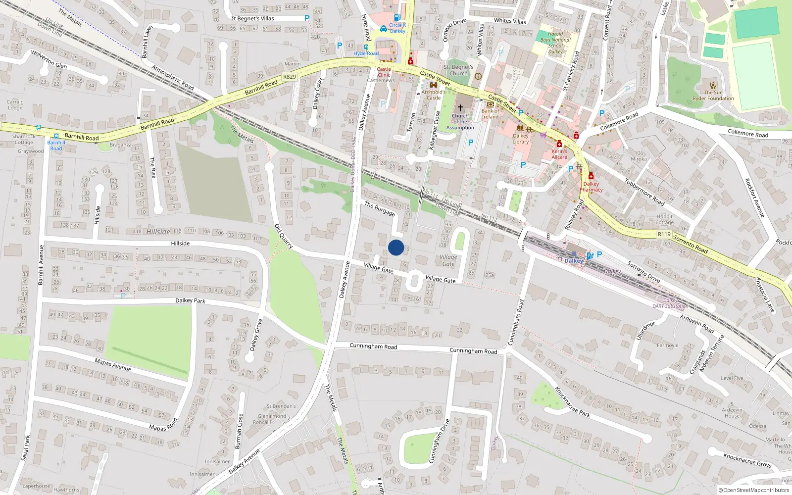 Overhead map showing the location of 19 The Burgage, Dalkey