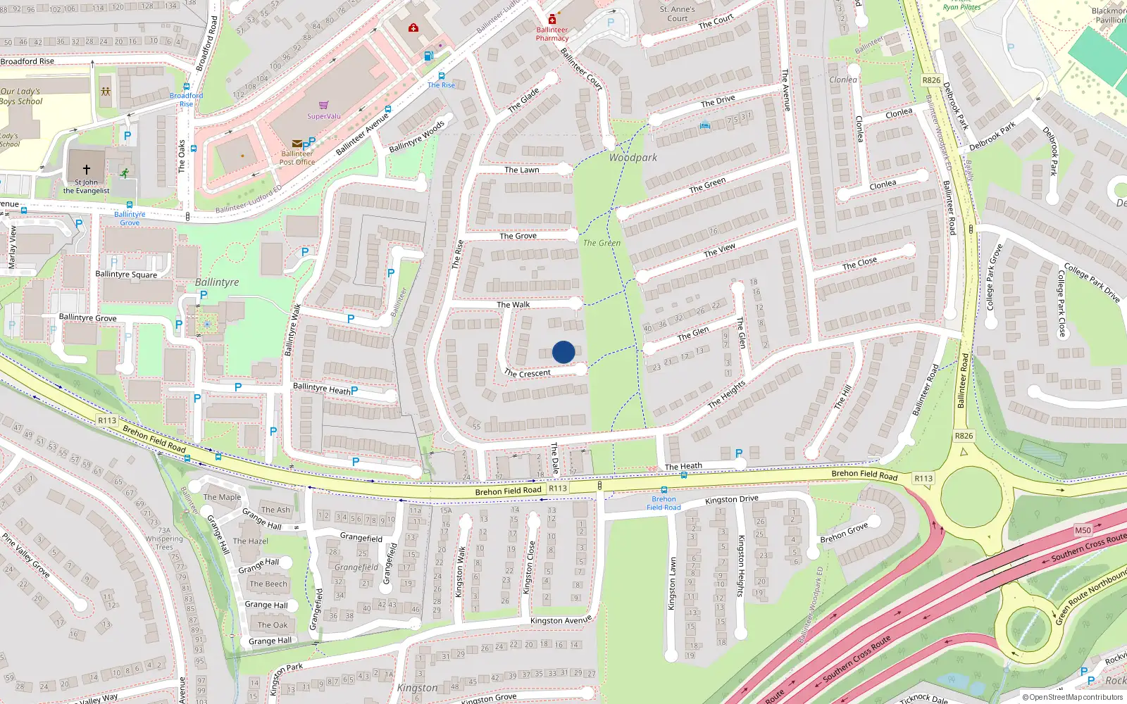 Overhead map showing the location of 19 The Crescent, Dublin 16