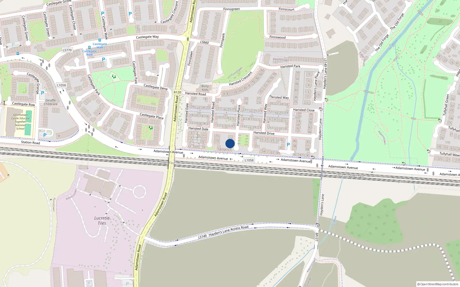 Overhead map showing the location of 19 the Hanstead Grove, Lucan, Dublin