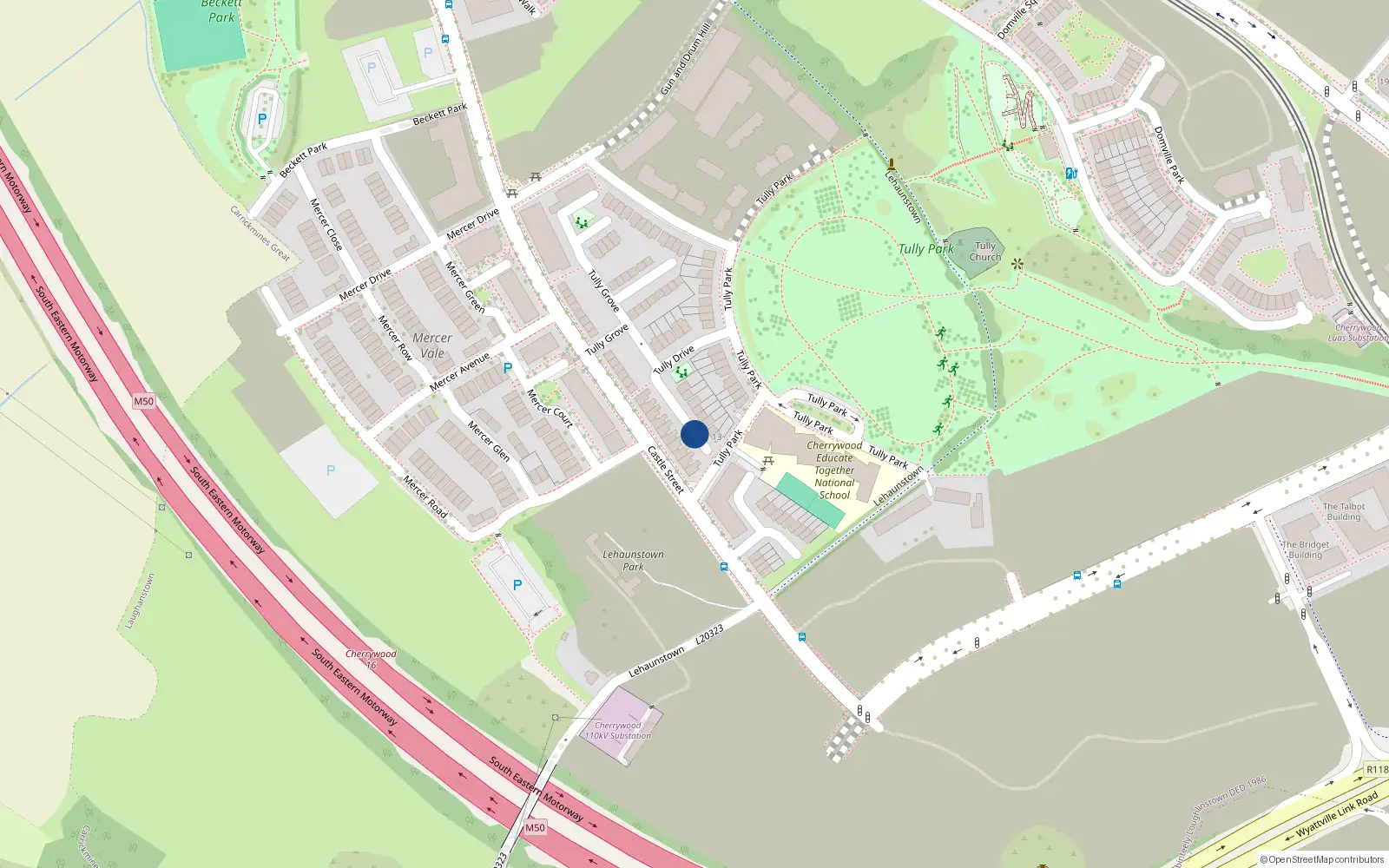 Overhead map showing the location of 19 Tully Drive, Laughanstown