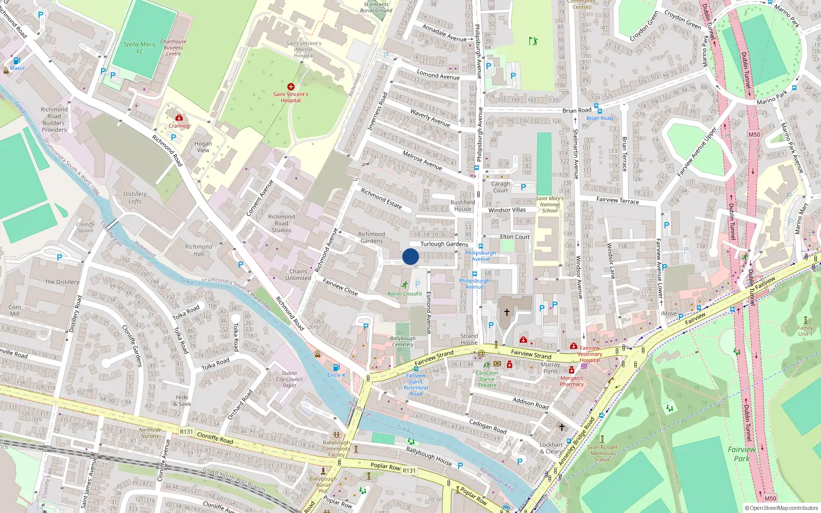 Overhead map showing the location of 19 Turlough Gardens, Fairview