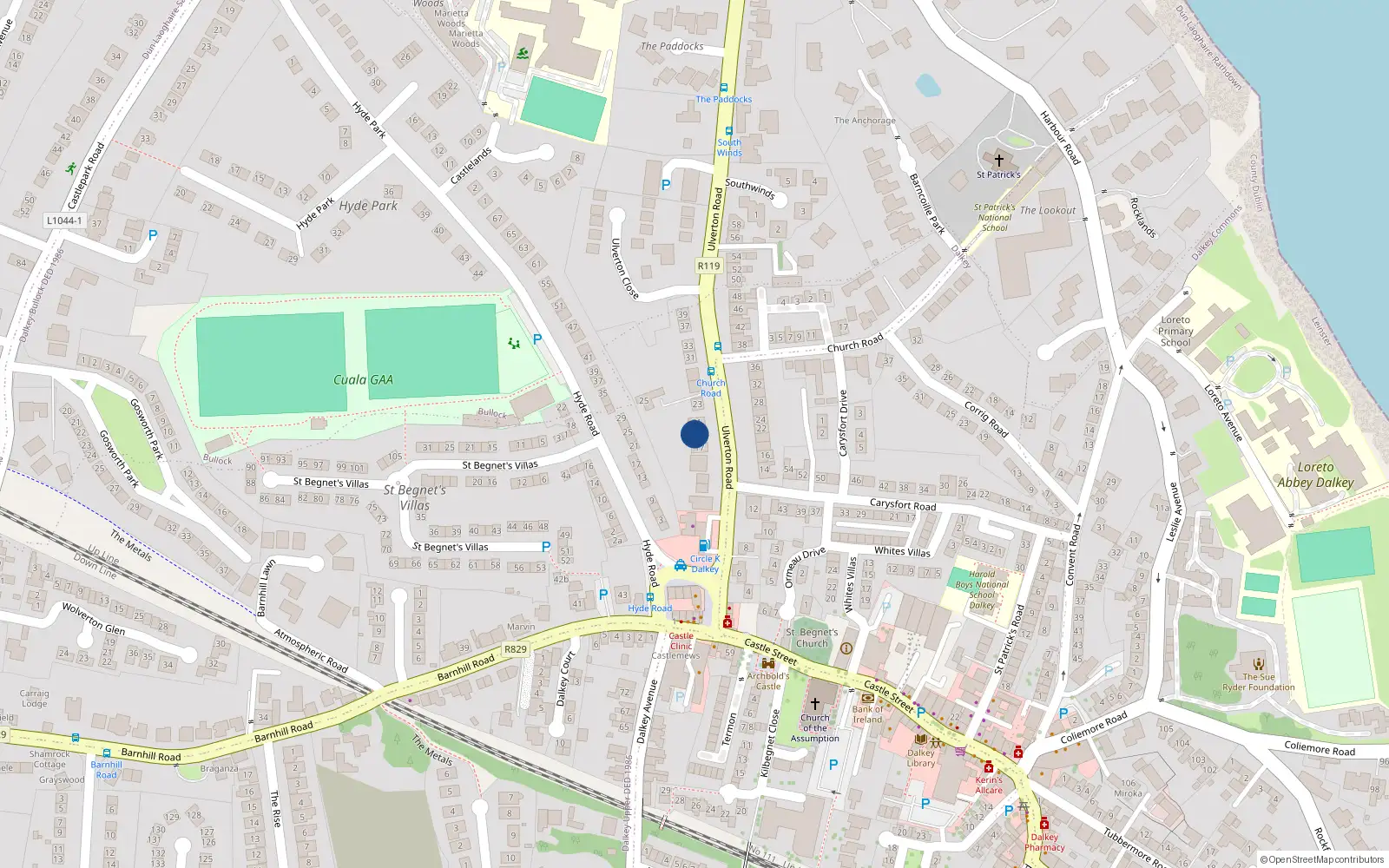 Overhead map showing the location of 19 Ulverton Road, Dalkey