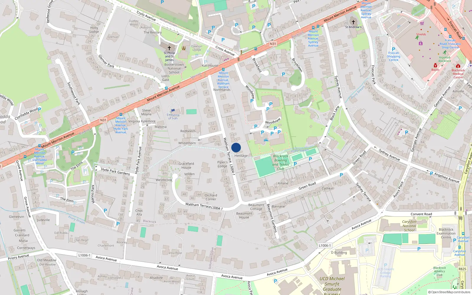 Overhead map showing the location of 19 Waltham Terrace, Blackrock