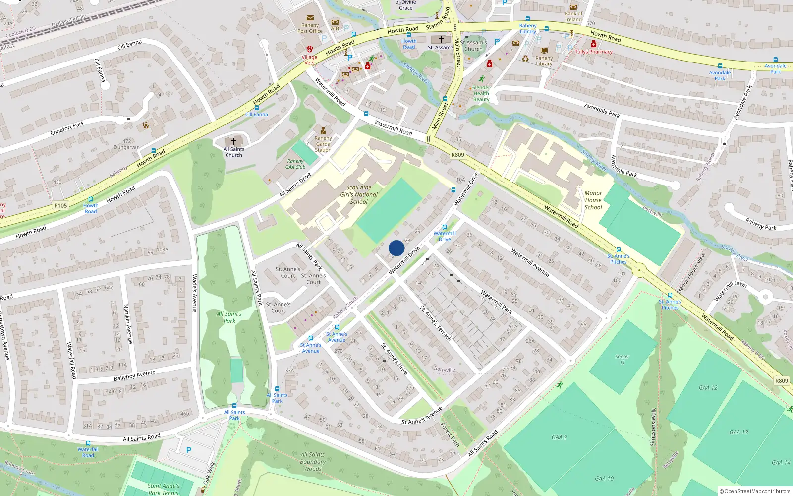 Overhead map showing the location of 19 Watermill Drive, Dublin 5