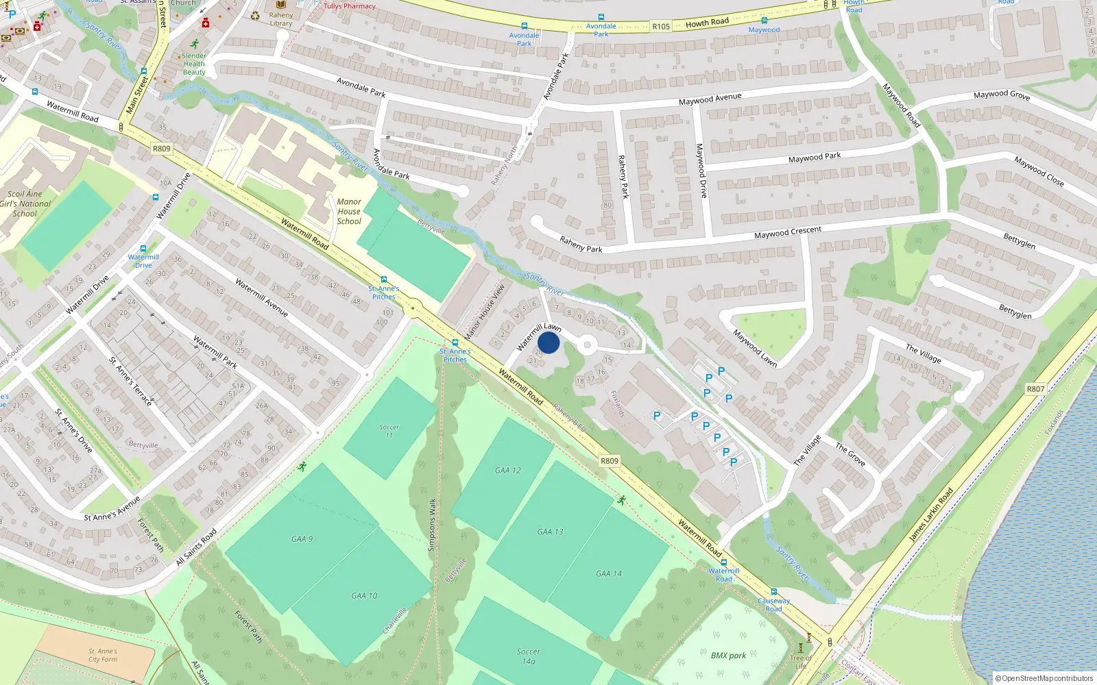 Overhead map showing the location of 19 Watermill Lawn, Dublin 5