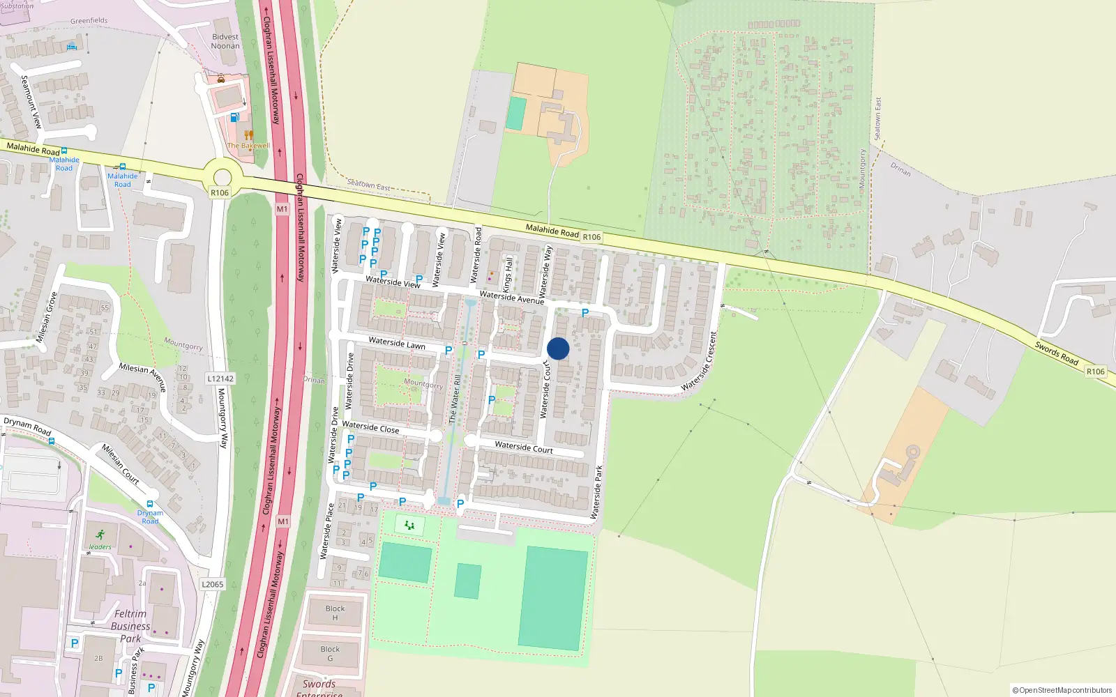 Overhead map showing the location of 19 Waterside Grove, Swords Road, Malahide Dublin 1