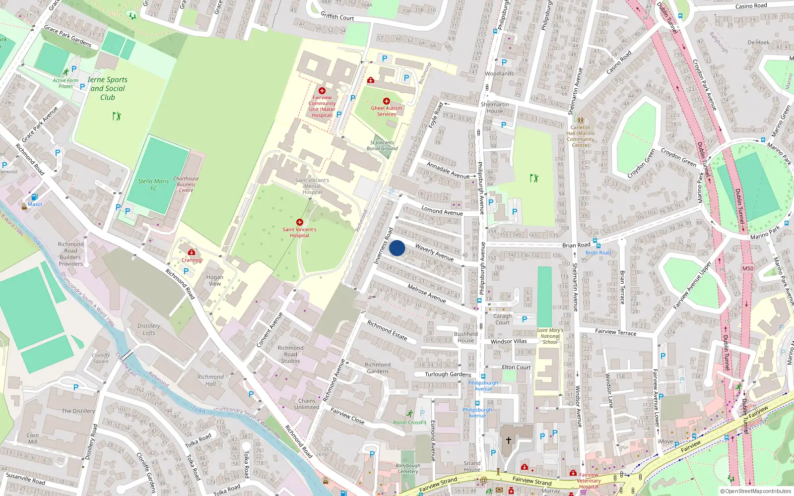 Overhead map showing the location of 19 Waverley Avenue, Fairview, Dublin 3