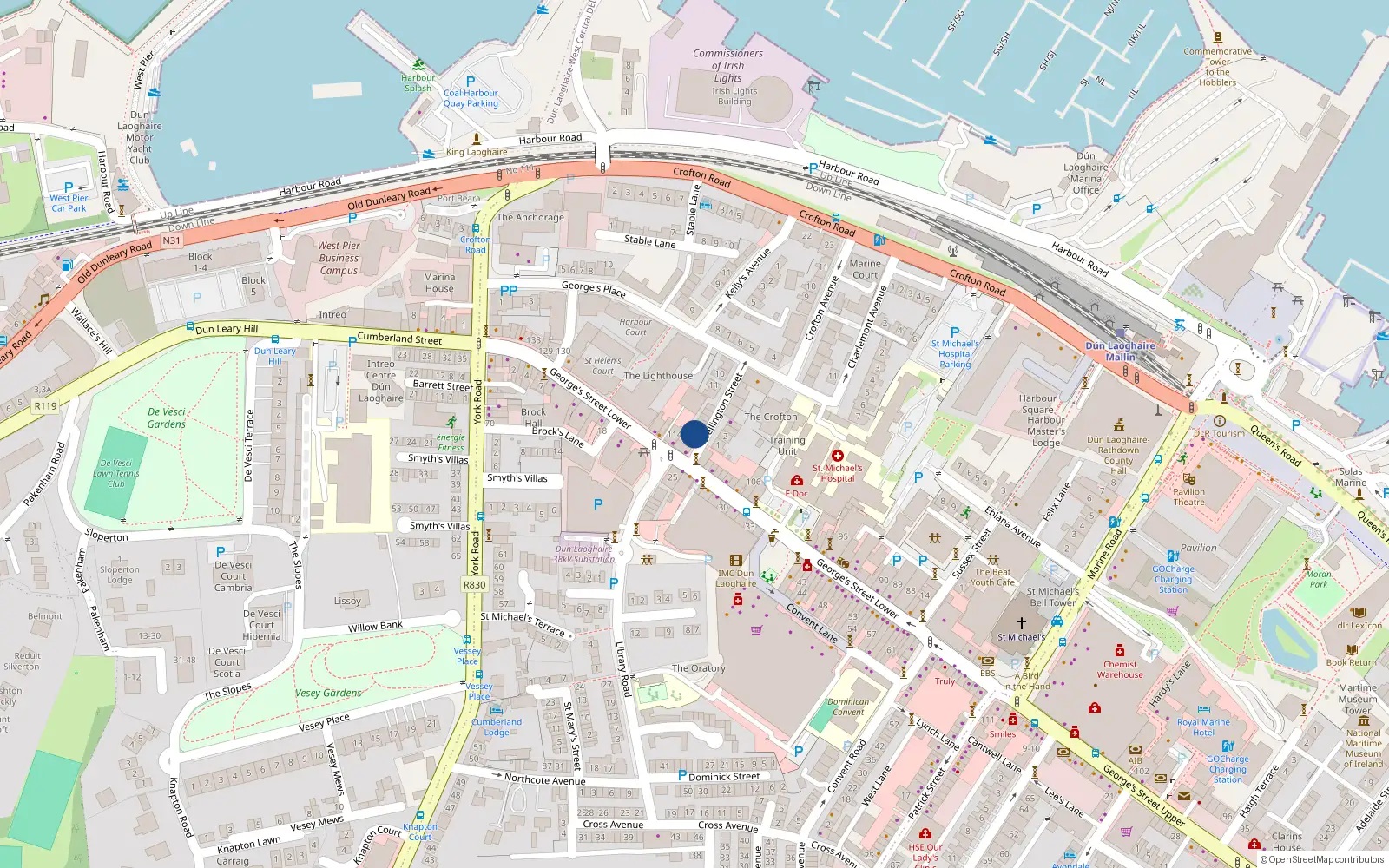 Overhead map showing the location of 19 Wellington St, Dun Laoghaire, Dublin