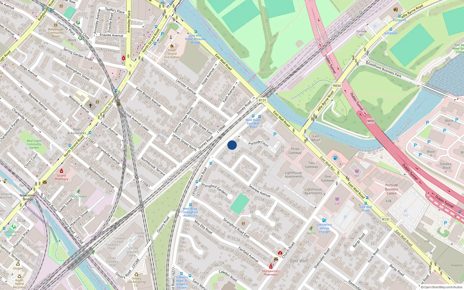 Overhead map showing the location of 19 West Road, Dublin 3