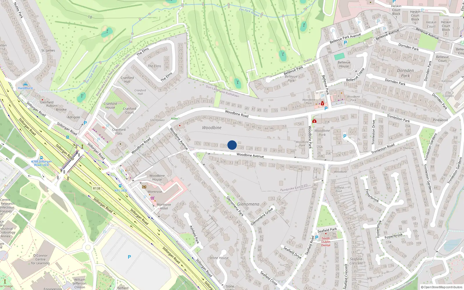 Overhead map showing the location of 19 Woodbine Avenue, Blackrock