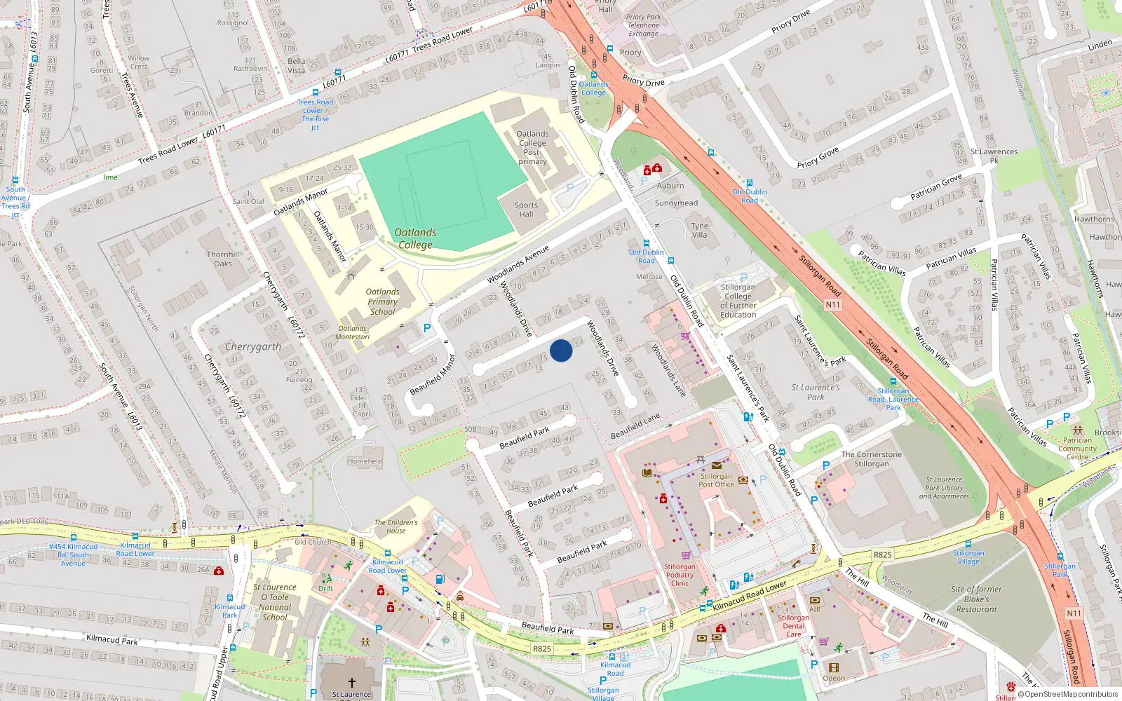 Overhead map showing the location of 19 Woodlands Drive, Stillorgan, Co Dublin
