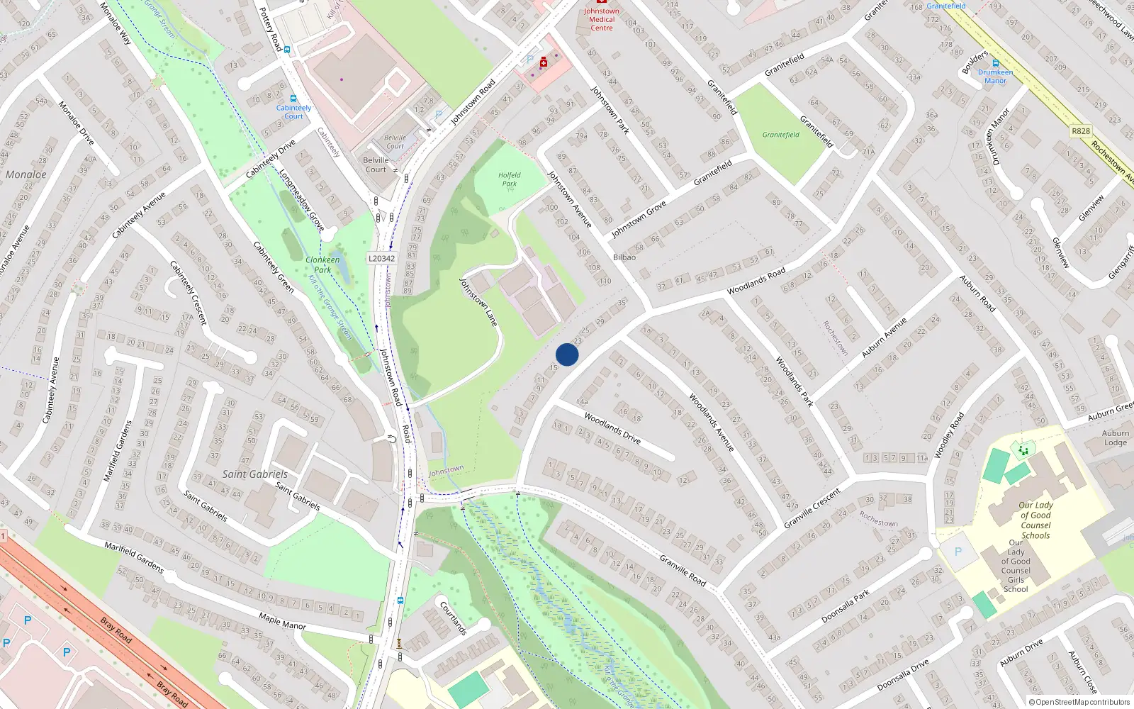 Overhead map showing the location of 19 Woodlands Road, Dublin