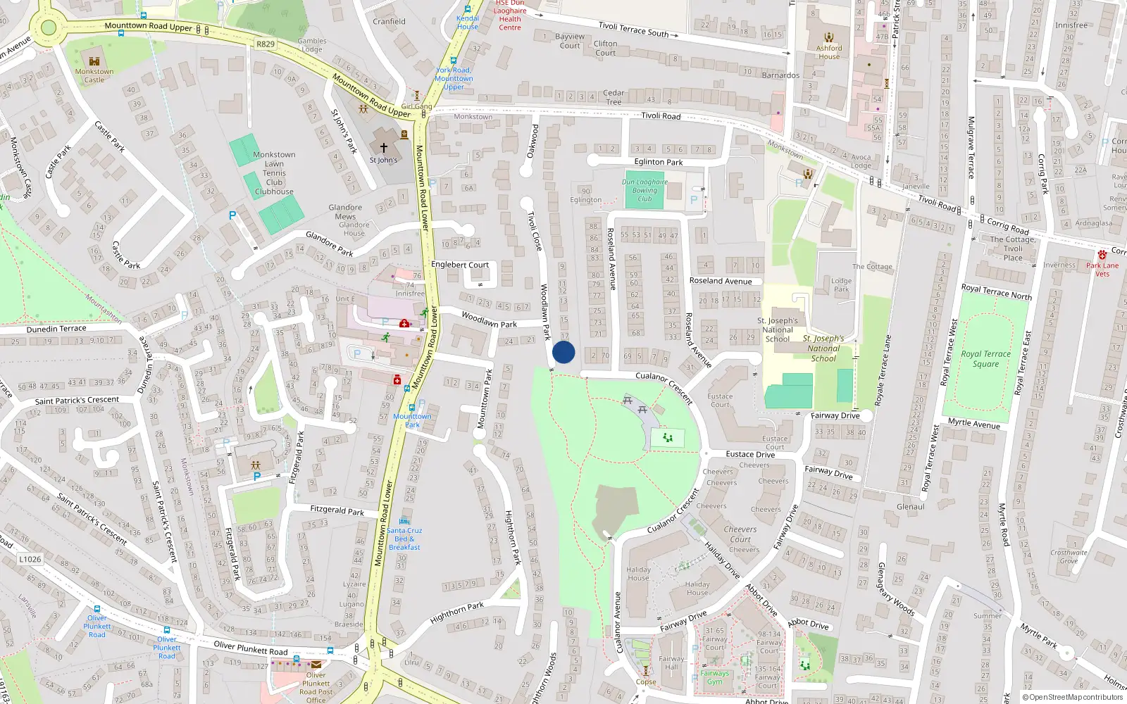 Overhead map showing the location of 19 Woodlawn Park, Mounttown, Dun Laoghaire