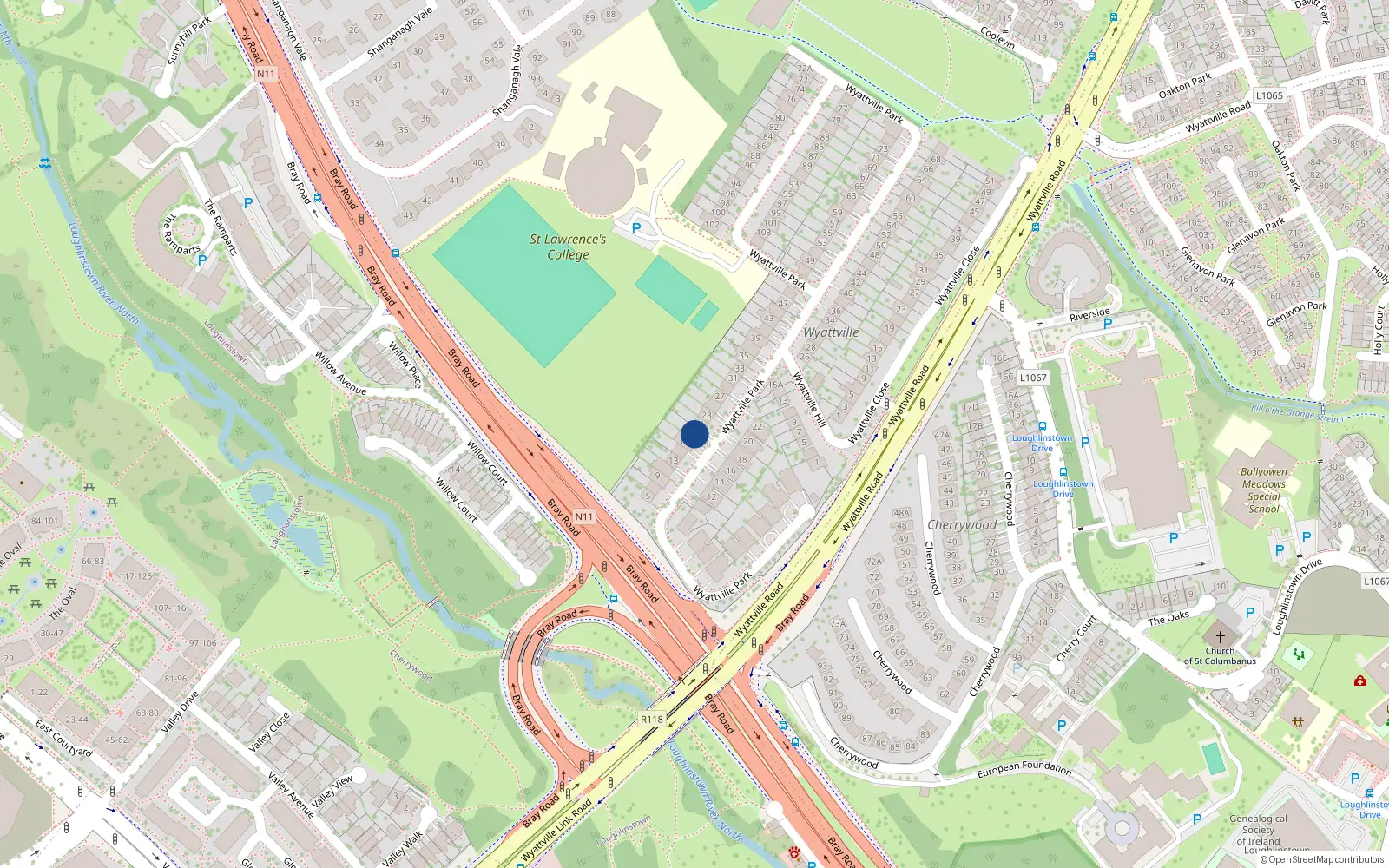 Overhead map showing the location of 19 Wyattville Park, Dublin
