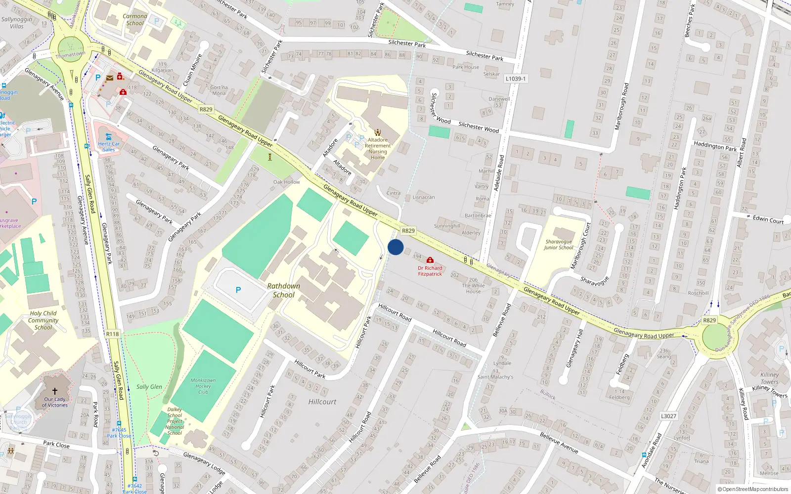 Overhead map showing the location of 190 Glenageary Road Upper, Dun Laoghaire, Dublin