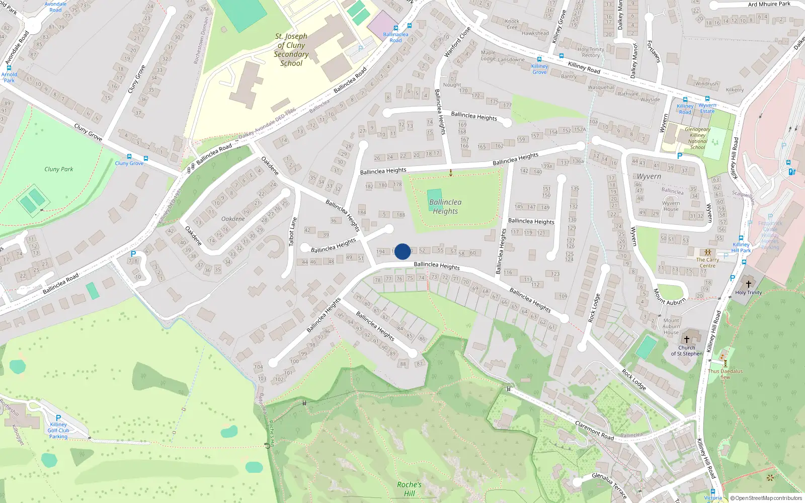 Overhead map showing the location of 191 Ballinclea Heights, Killiney